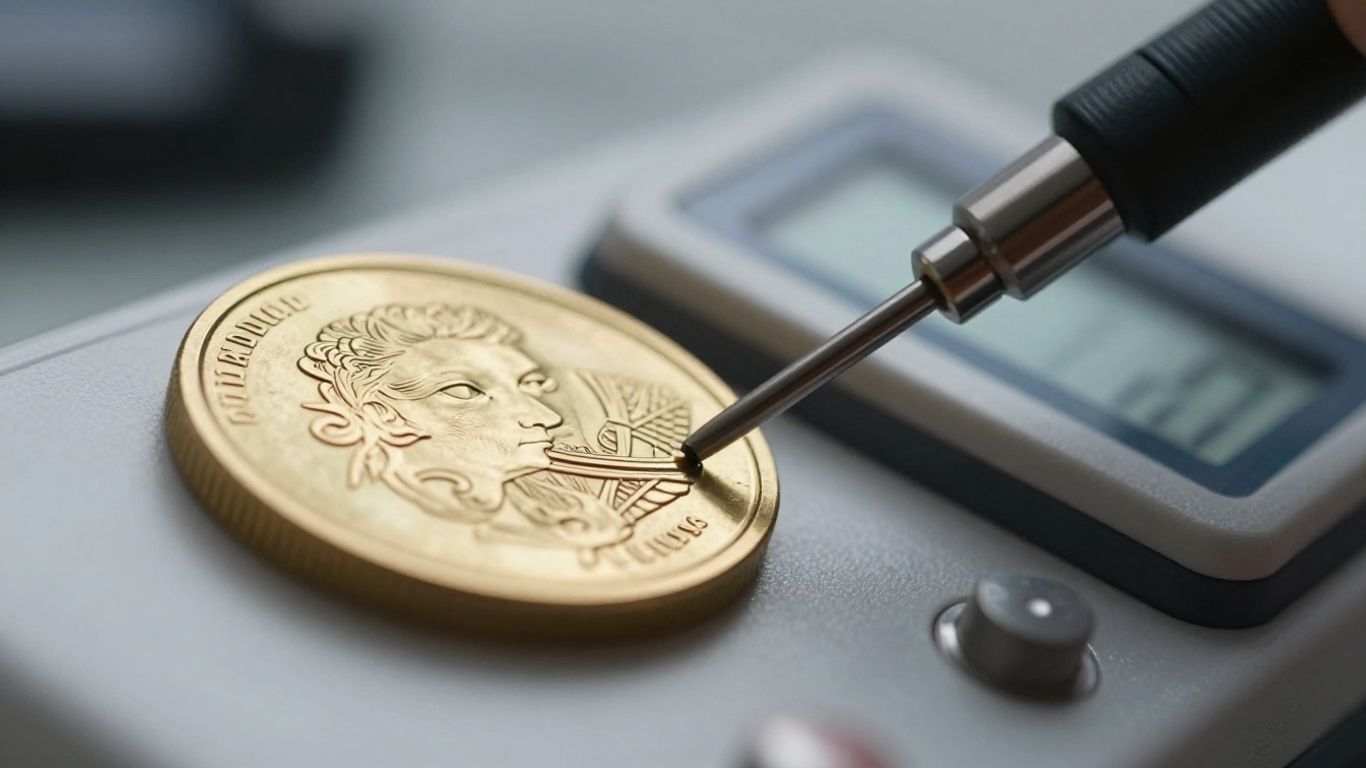 Electronic testing of a gold coin for authenticity.