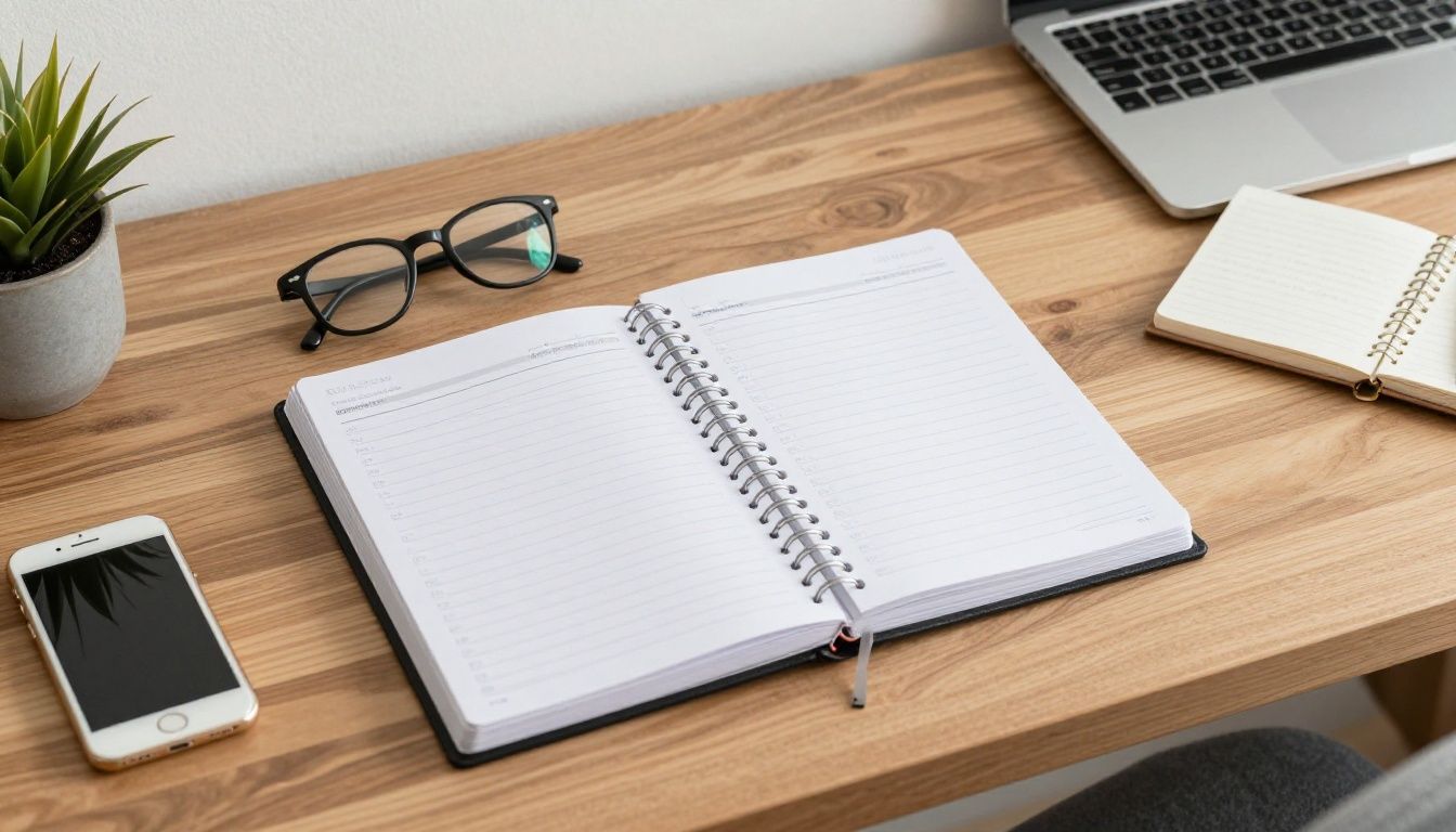 A clean, modern workspace featuring a high-quality physical planner open on a wooden desk, symbolizing intentional goal setting and structured time management by a driven professional.