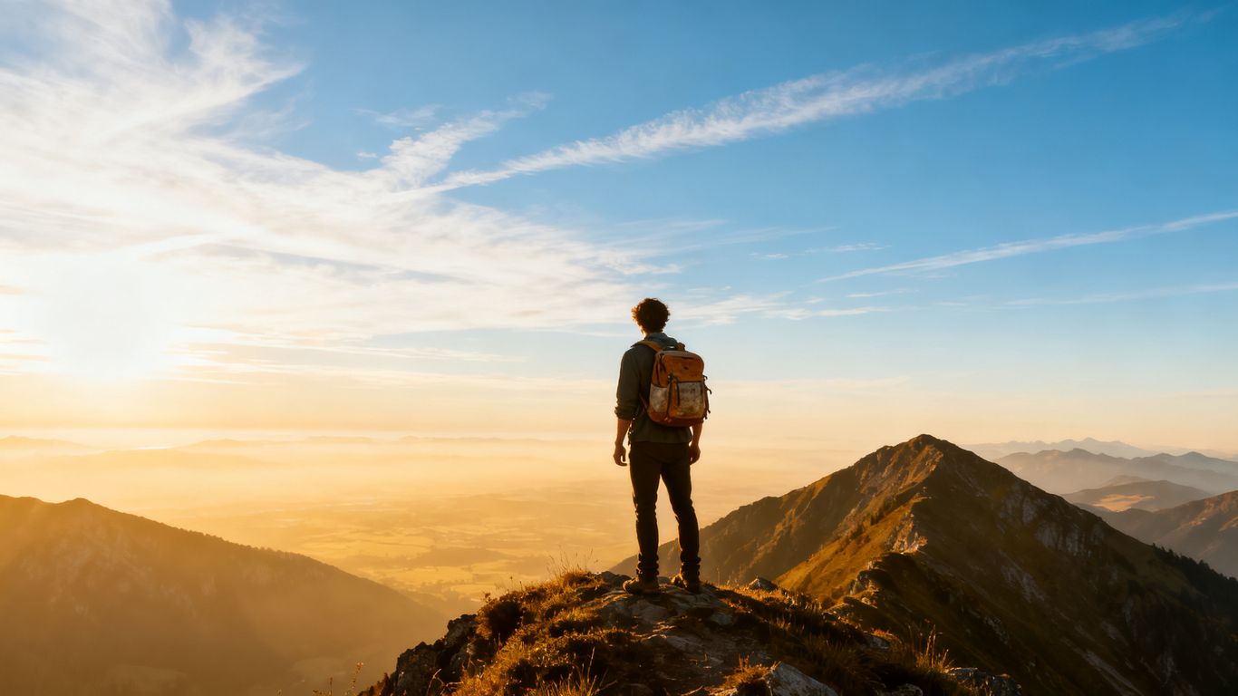 Backpacker on mountain peak overlooking landscape.