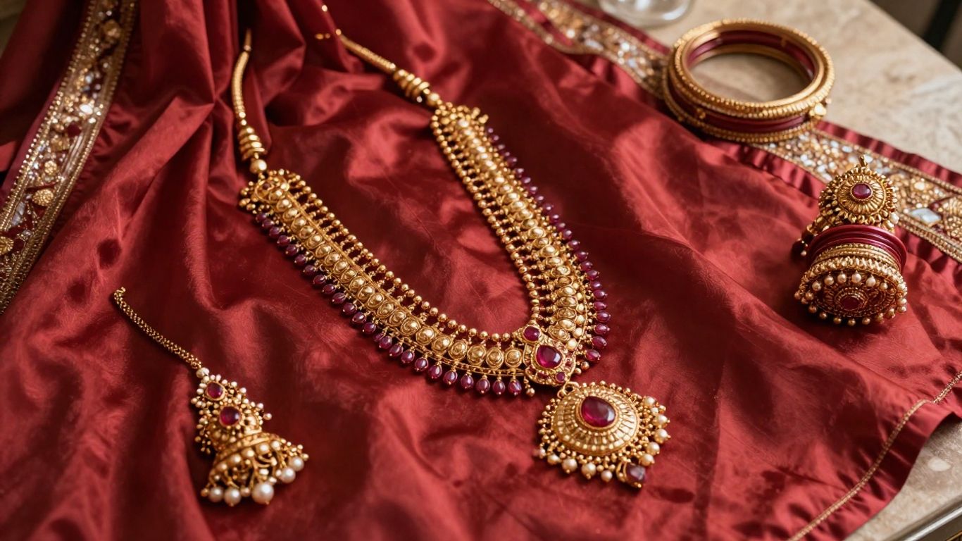 Bridal jewellery arranged beside silk saree