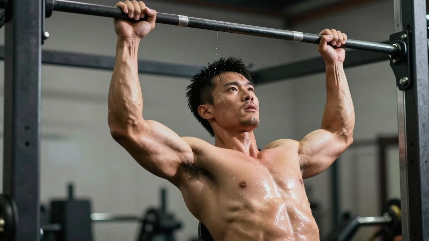Man doing pull-ups for upper body workout.