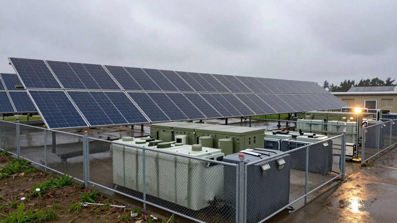 Military base microgrid with solar batteries