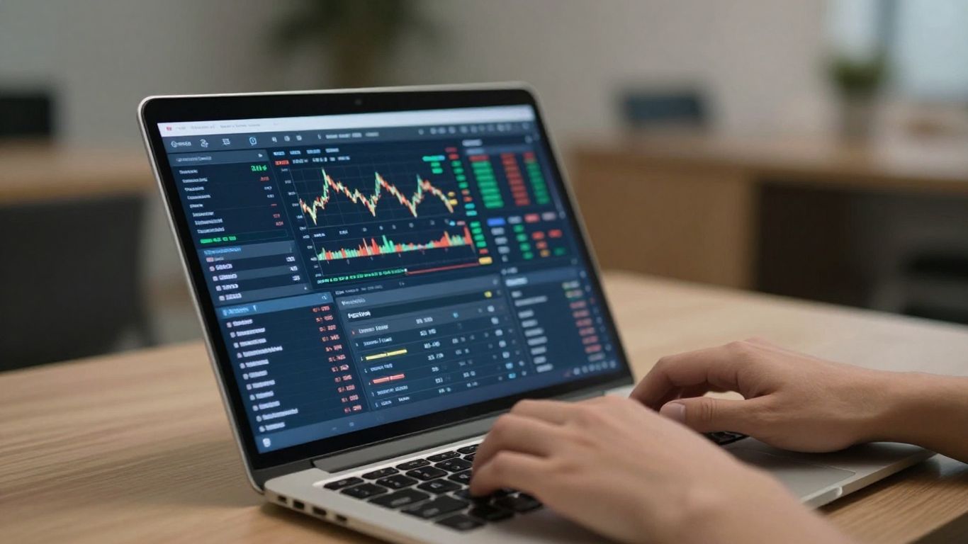 Hands using a laptop with a trading interface.