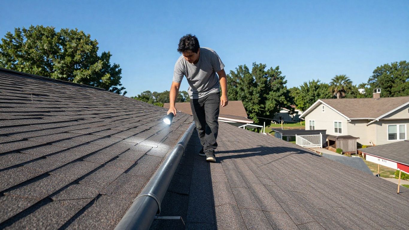 Person inspecting a residential rooftop with a flashlight.