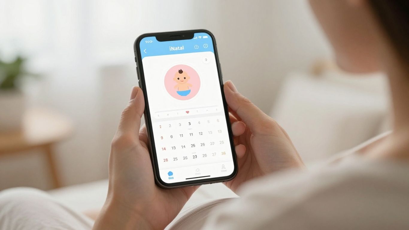 Mujer embarazada usando la app iNatal en su teléfono.