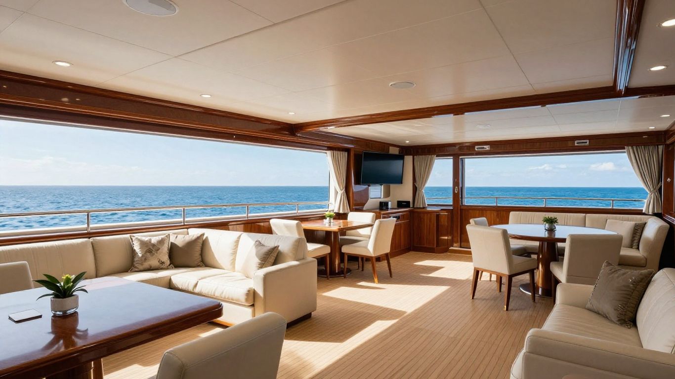Luxurious yacht interior with open floor plan and ocean views.