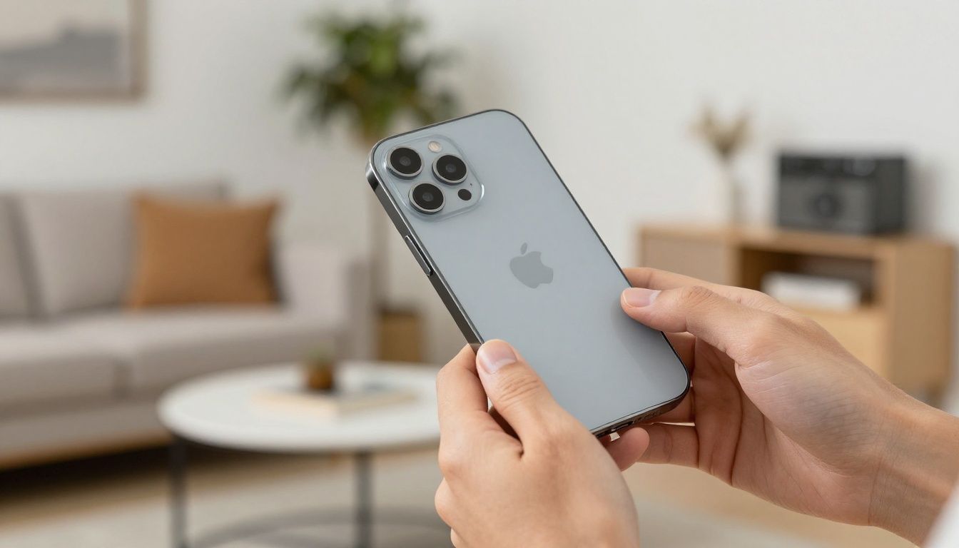 A person carefully placing their iPhone 15 Pro Max into a protective case, with a blurred background of a modern Australian home.