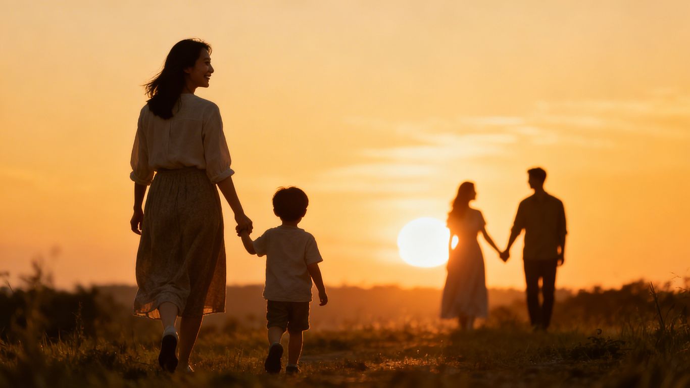 Parent and child walking towards a sunset, hinting at romance.