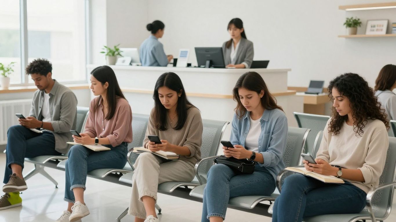 Diverse patients in a clinic waiting room.
