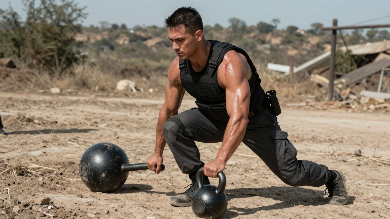 Soldier performing intense combat fitness exercise outdoors.