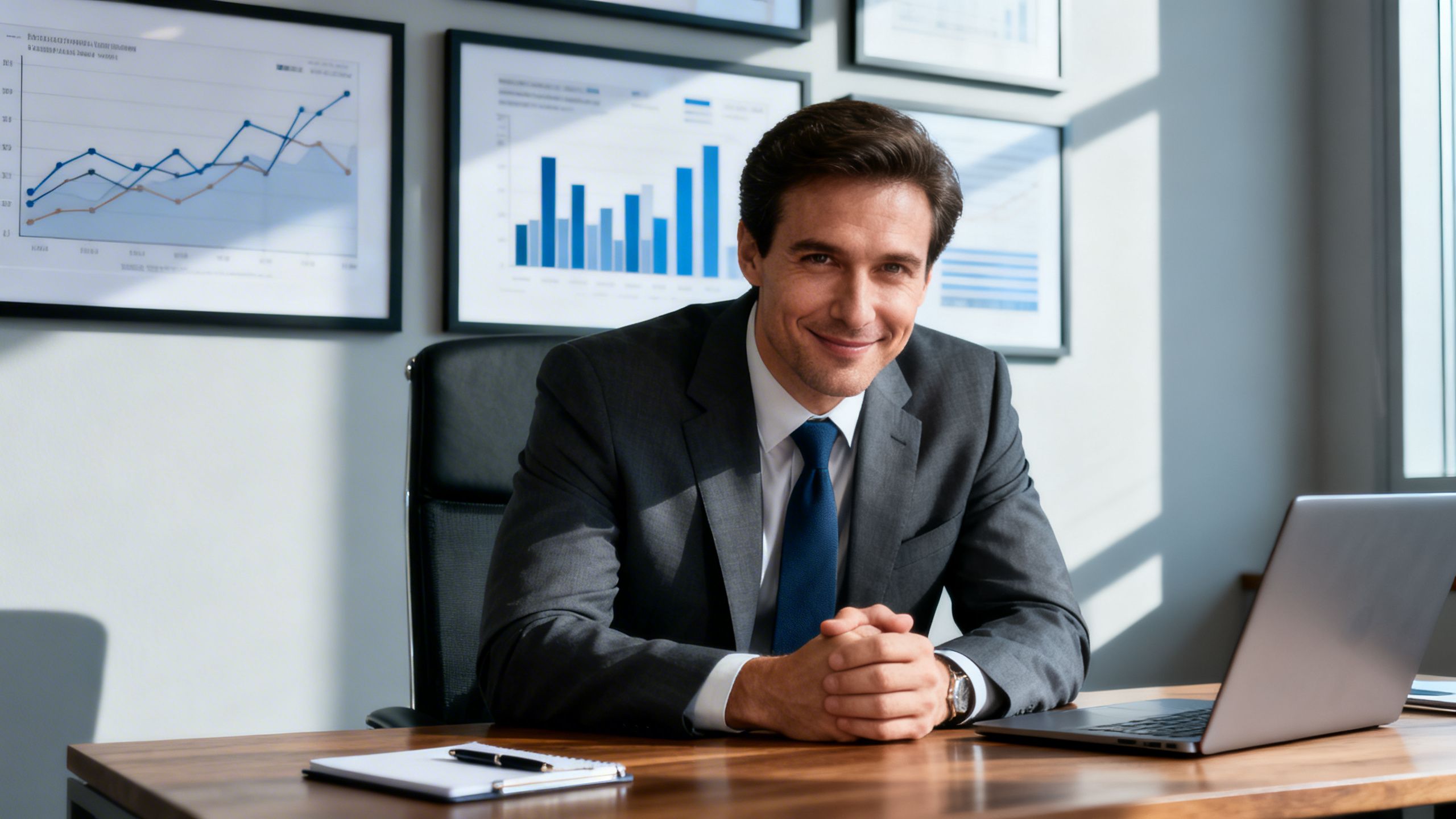 A business professional confidently making a decision at their desk, with charts and graphs in the background