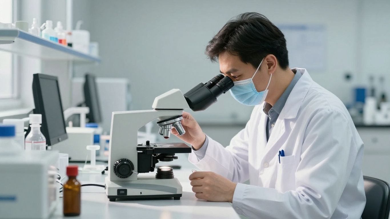 Medical professional examining a blood sample in a lab.