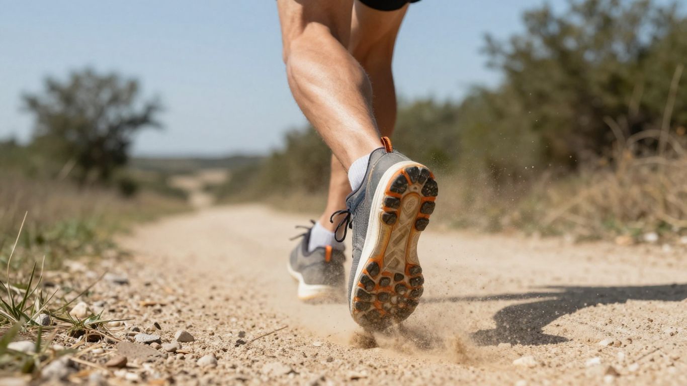 Runner's feet on a trail during a long run.