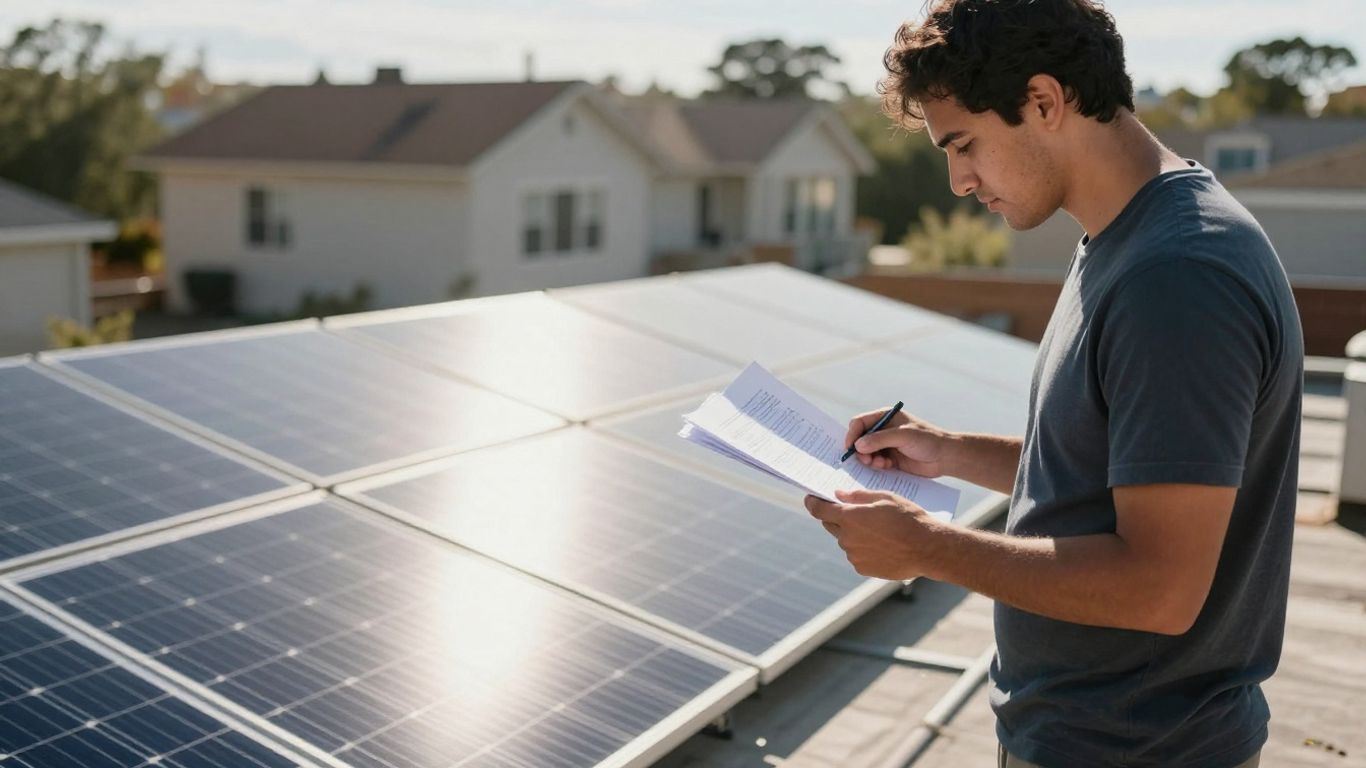 Panneaux solaires sur un toit, personne examinant des papiers.