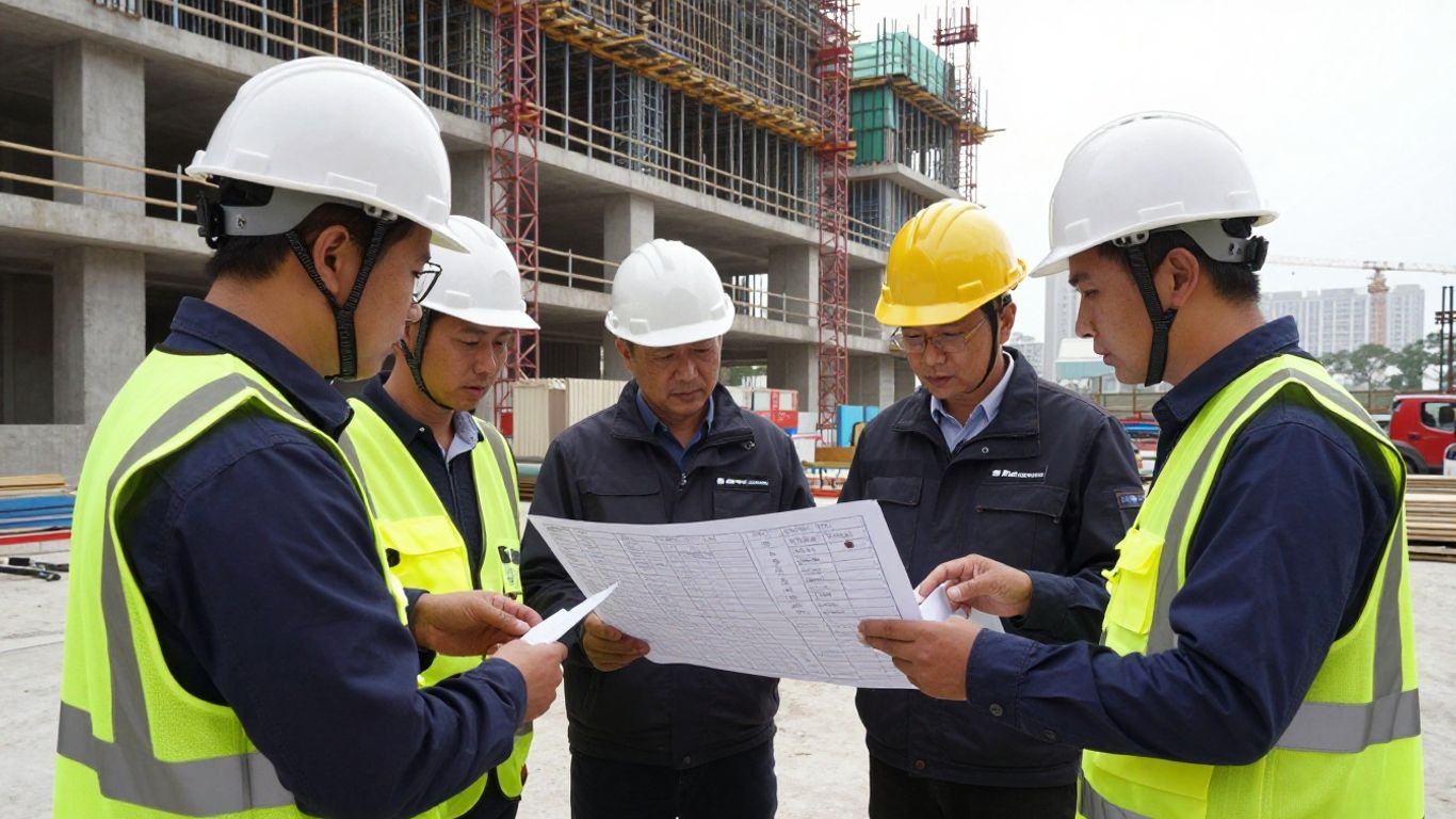 Construction team reviewing a project schedule onsite