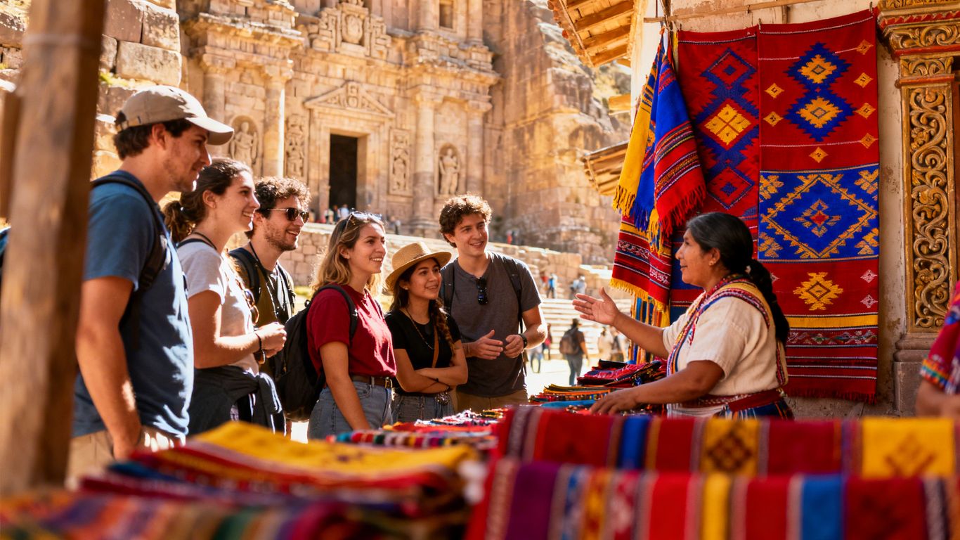 Tourists respectfully observing cultural landmarks and interacting with locals.