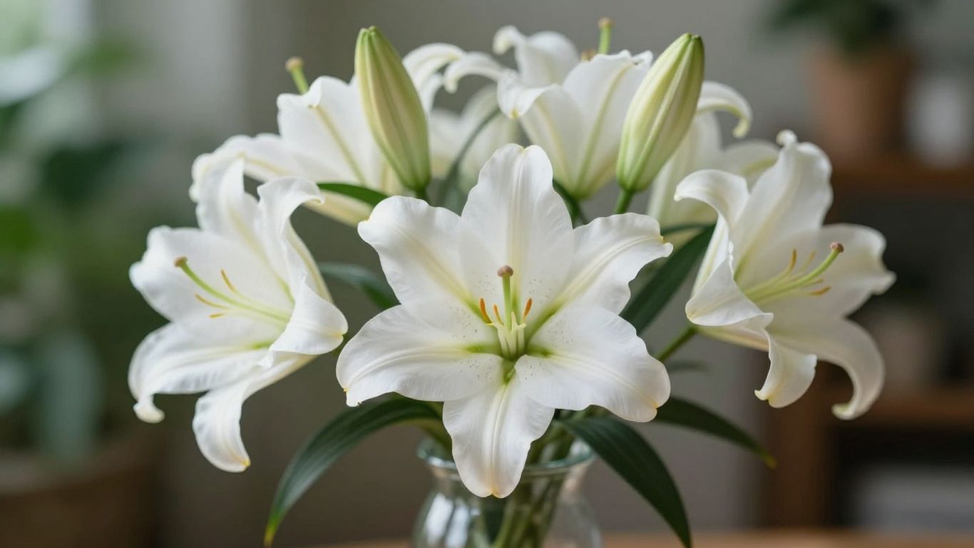 Sympathy flowers arrangement with lilies and greenery.