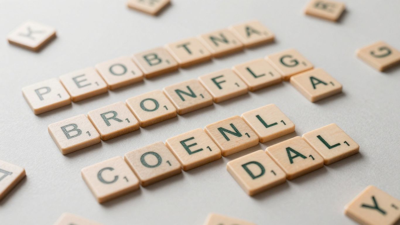 Letter tiles forming interconnected words, puzzle game.