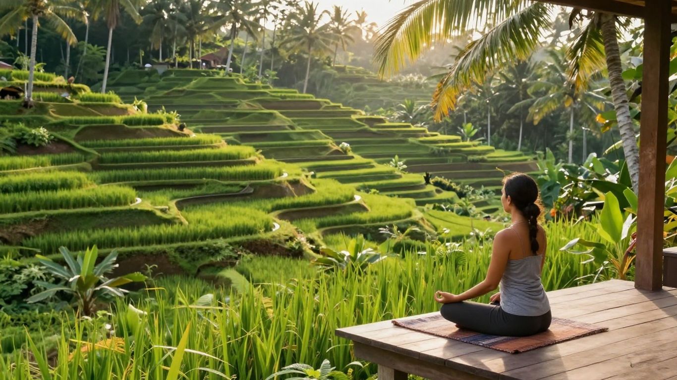 Serene Bali yoga retreat with rice terraces and ocean view.
