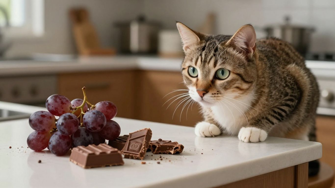 Gato desconfiado perto de alimentos perigosos