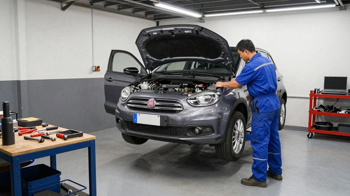 Fiat car being serviced by a mechanic in a garage.