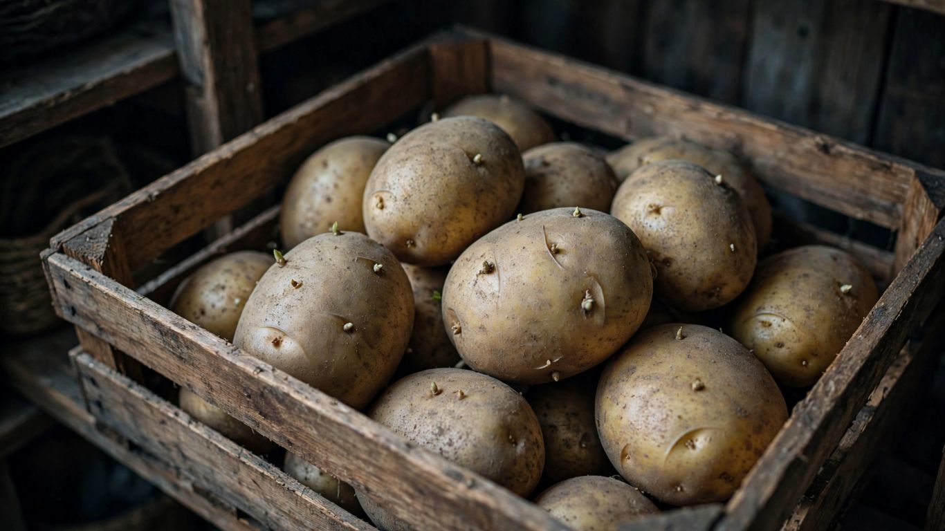 Aardappelen in een open krat op een koele plek