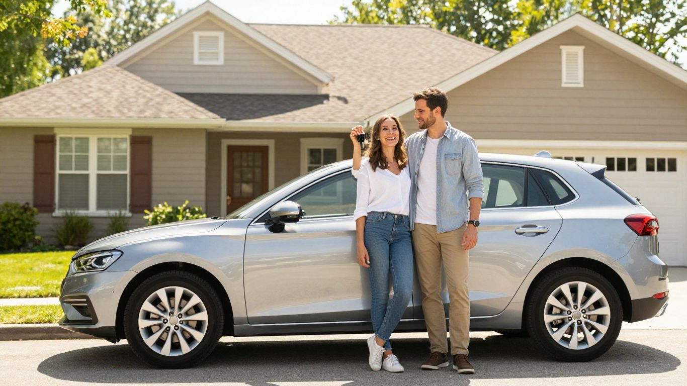 Happy couple with keys next to a new car.