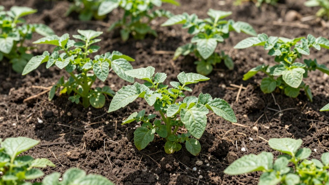 Biologische aardappelplanten met aarde rond de stengels.