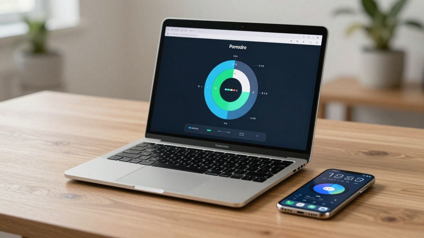 Pomodoro timer app on laptop with widgets on phone.