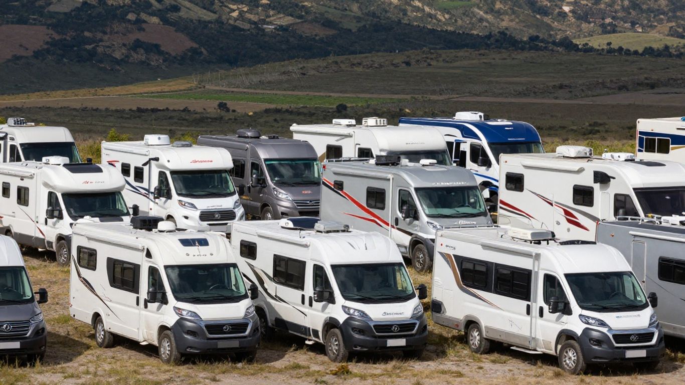 Various RVs parked together on a scenic road.