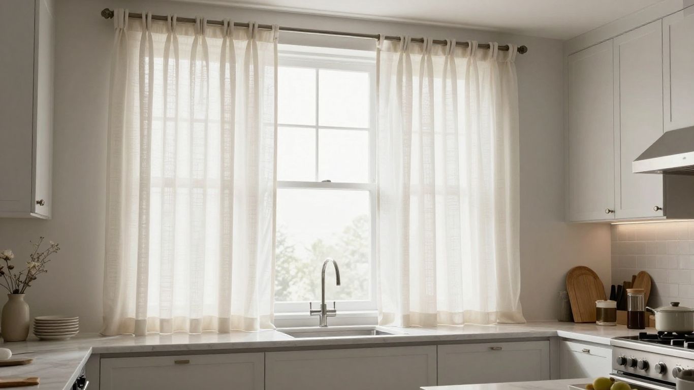 Stilvolle Küchentischdecke mit eleganten Vorhängen und sanftem Licht.