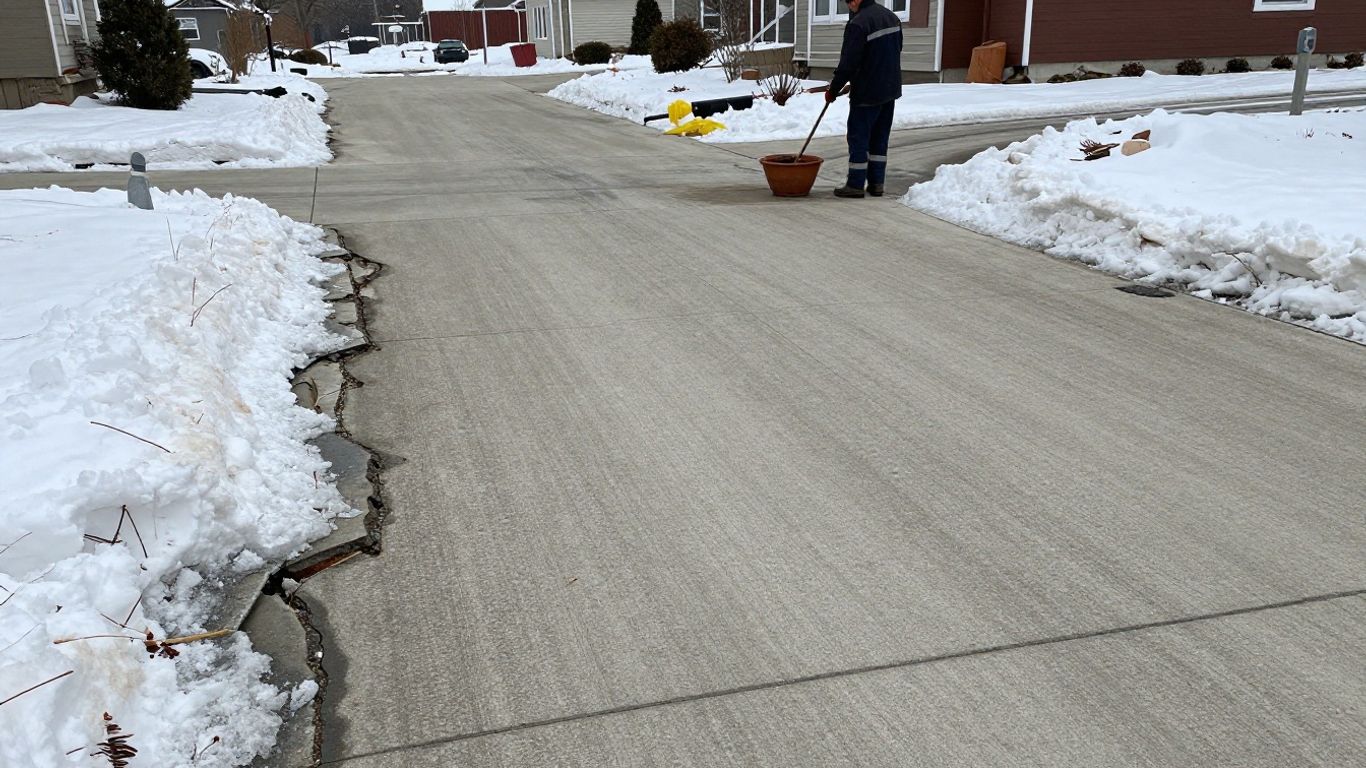 Damaged driveway needing snow repair services.
