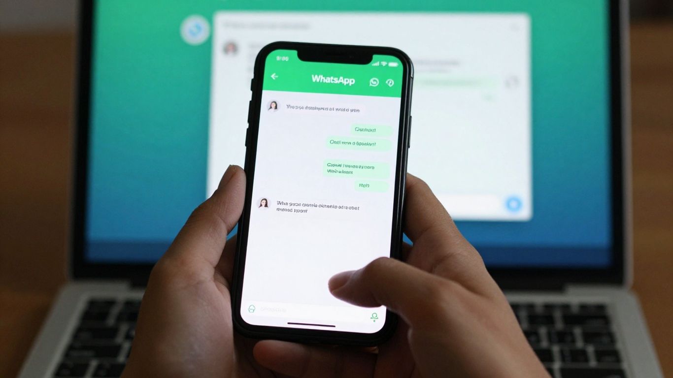 Tela de celular com WhatsApp Web e laptop ao fundo.