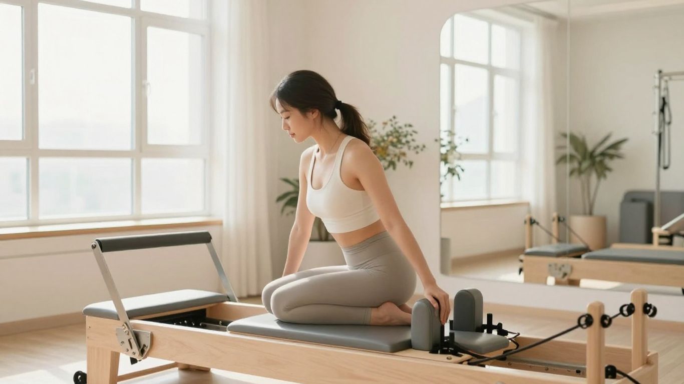 Elegant woman in Pilates studio with pastel decor.