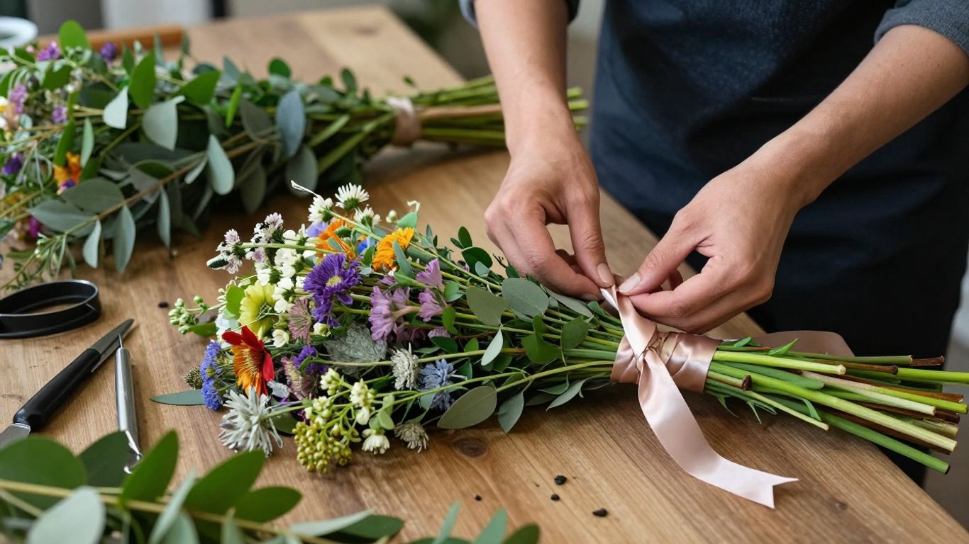 Florist hand arranging fresh flowers