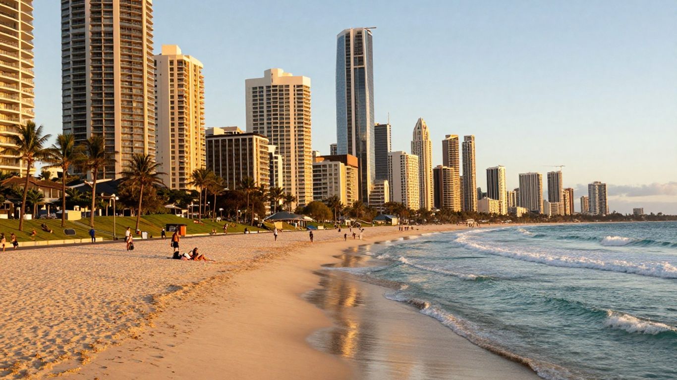 Gold Coast beach beside Surfers Paradise skyline