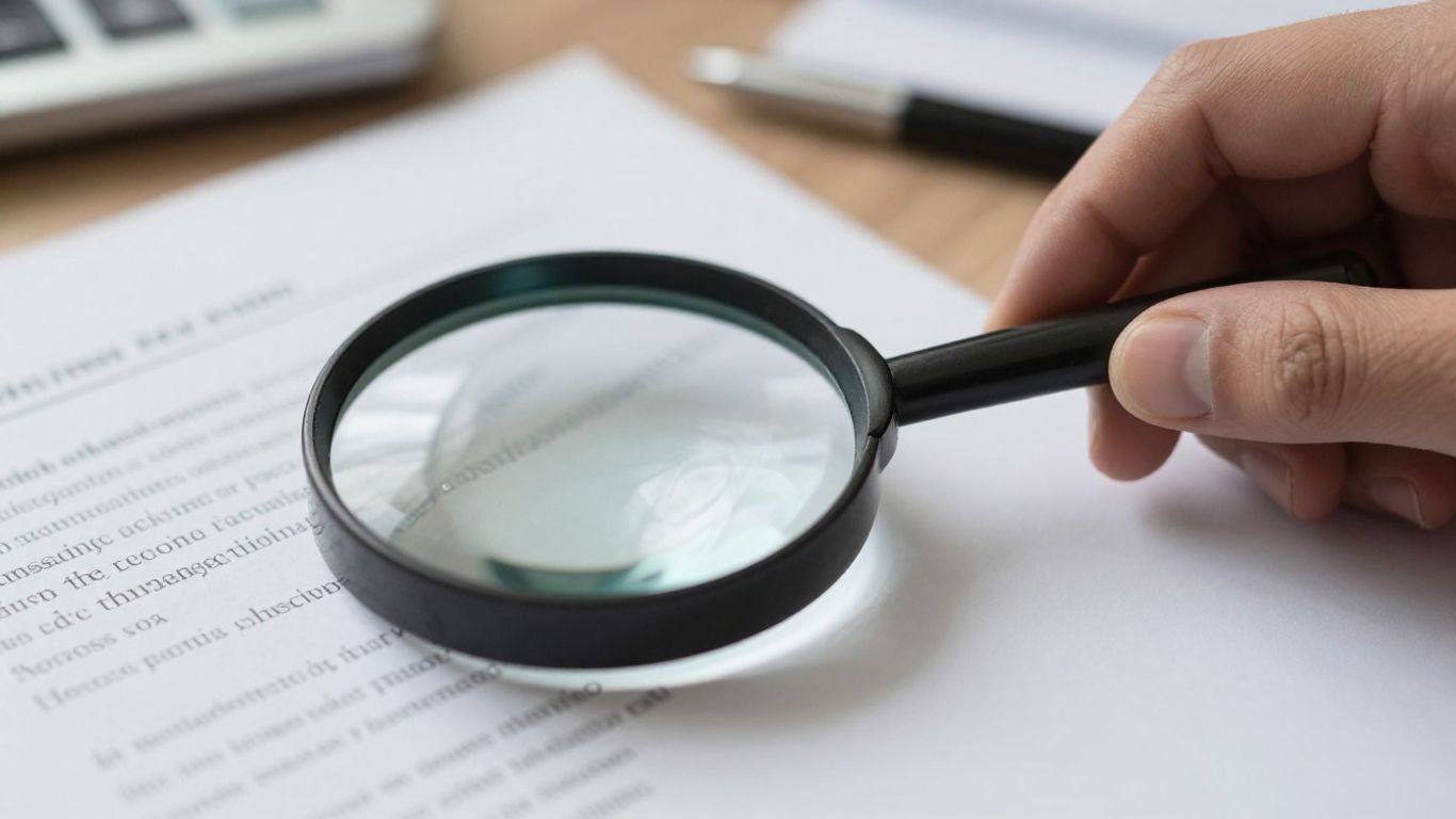 Magnifying glass over insurance document, hand signing.