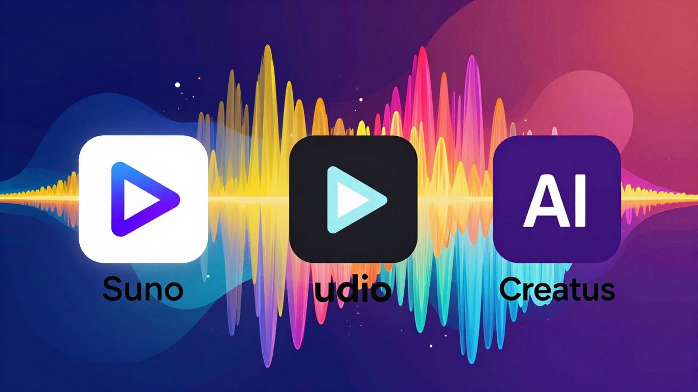 Suno, Udio, and Creatus AI music generator interfaces.