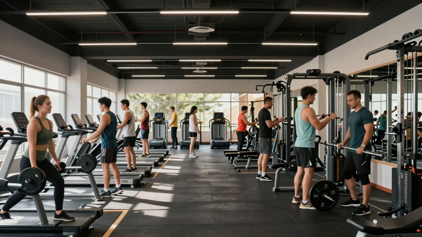 People exercising respectfully in a bright, modern gym.