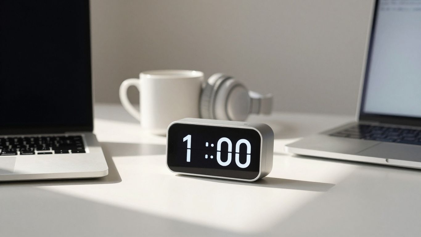 Minimalist desk with a glowing focus timer.