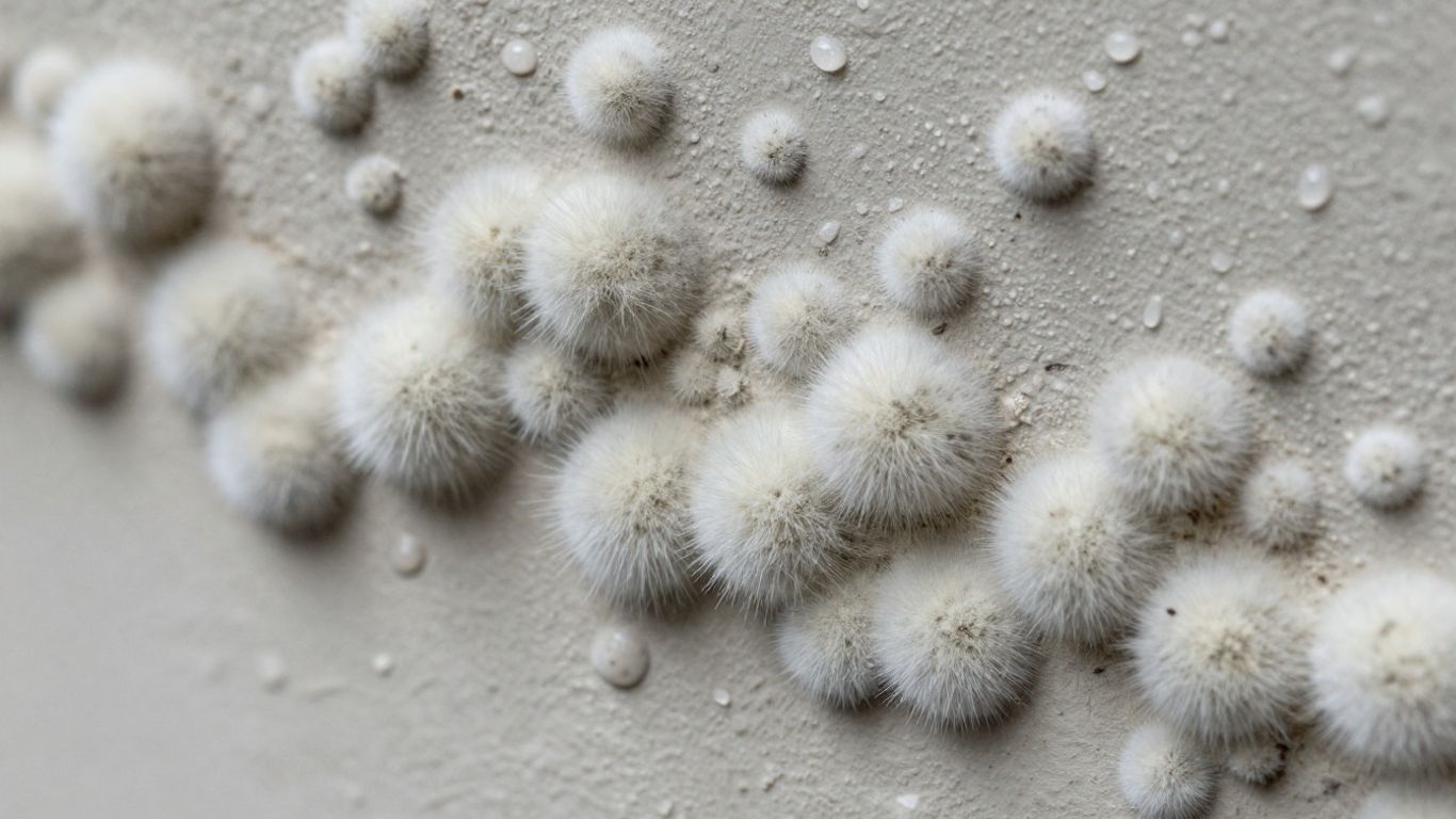 White mold on a damp wall with water droplets.