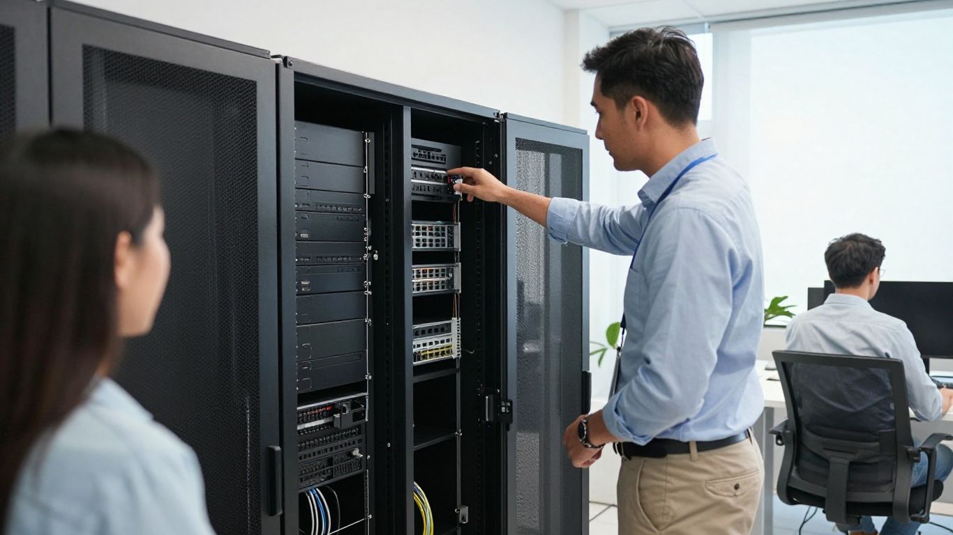 Technician reviewing network equipment onsite