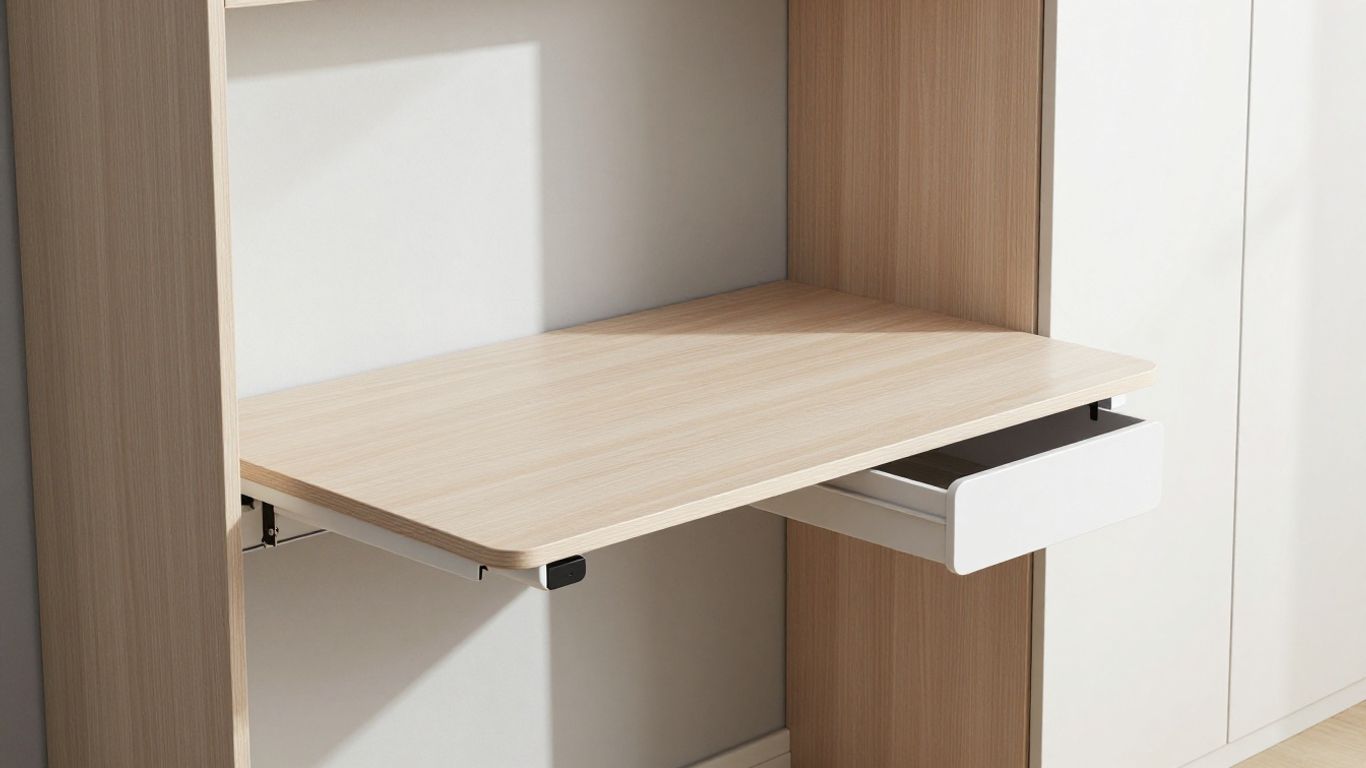 Wall-mounted Murphy desk in a small, modern room.