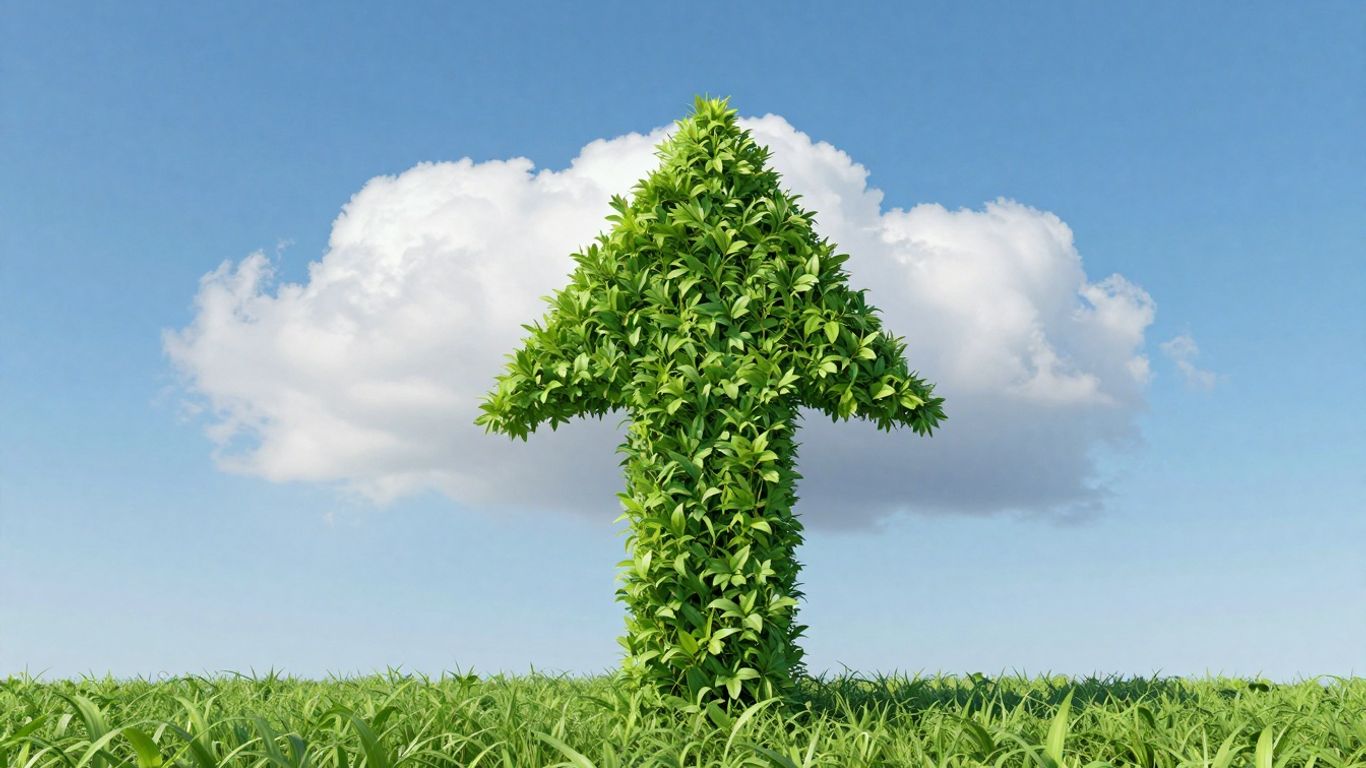 Business growth arrow breaking through clouds into a bright sky.