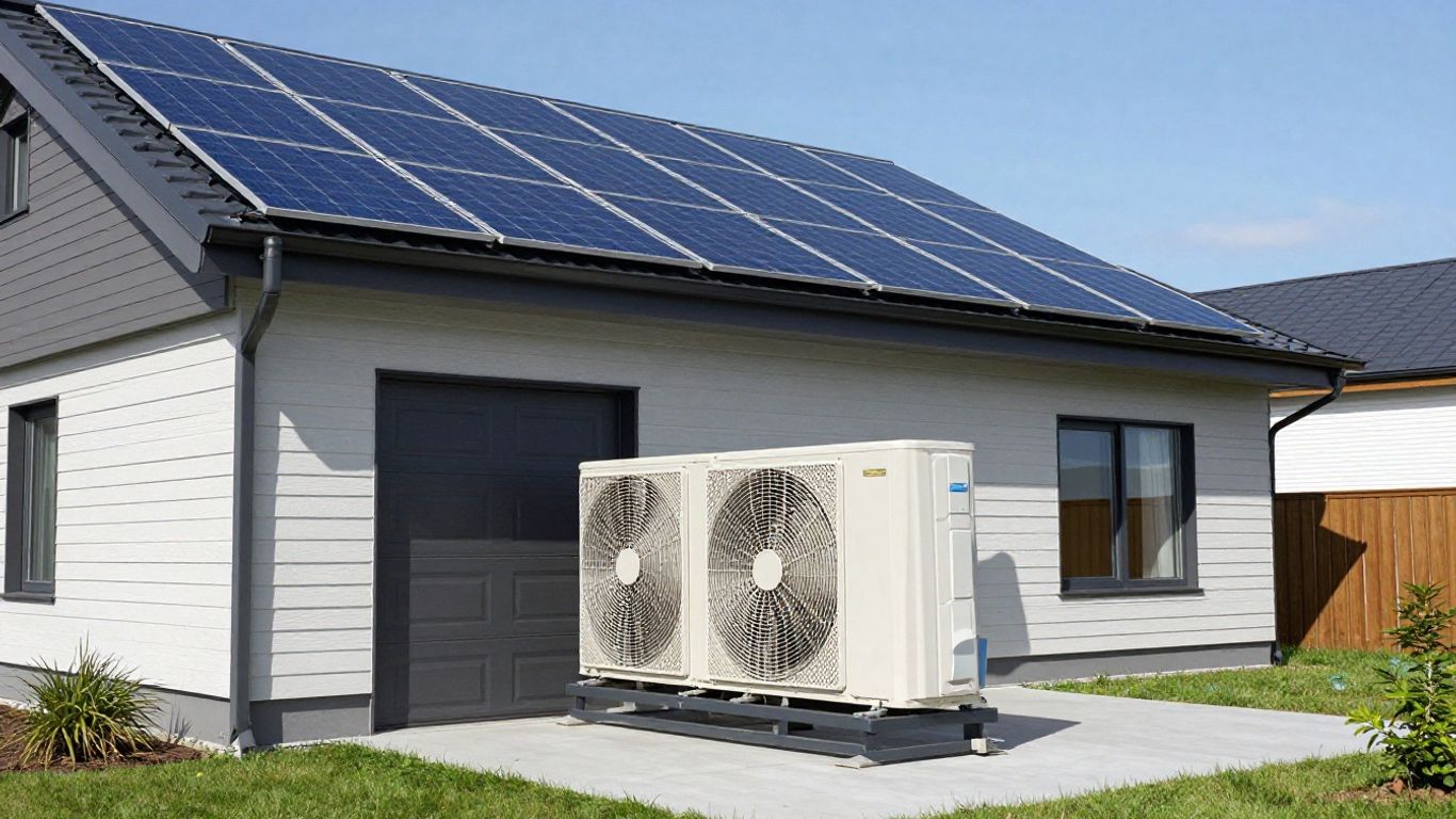 House with heat pump and solar panels on the roof.
