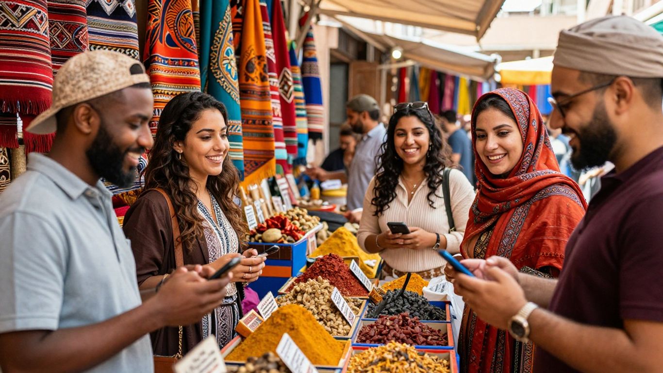 Travelers exploring a vibrant Moroccan marketplace with a smartphone.