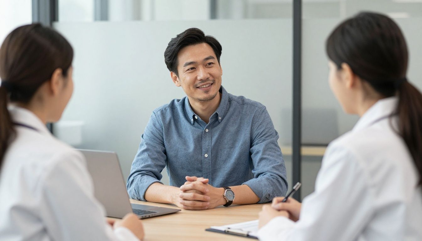 A confident man in his 40s having a professional, collaborative consultation with a health provider in a clean, modern medical office setting
