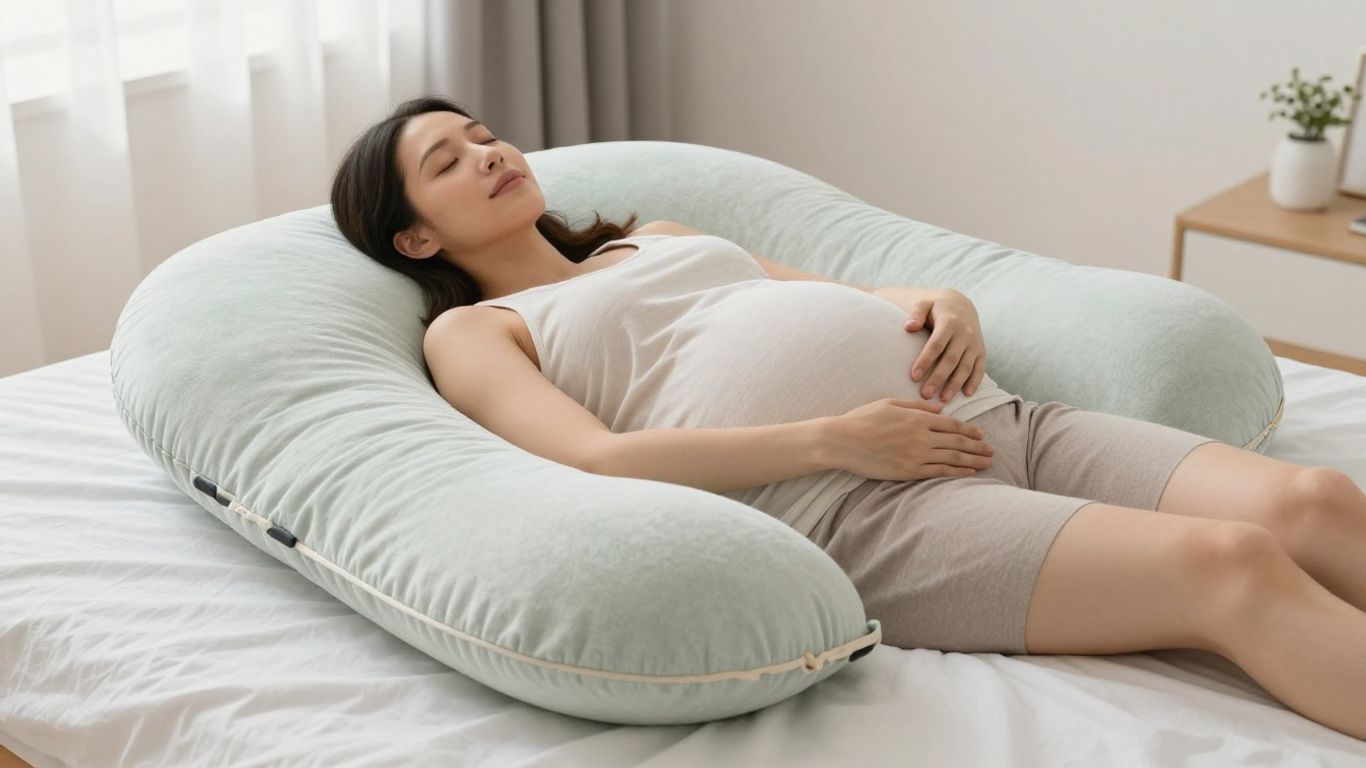 Pregnant woman sleeping with a U-shaped pregnancy pillow.
