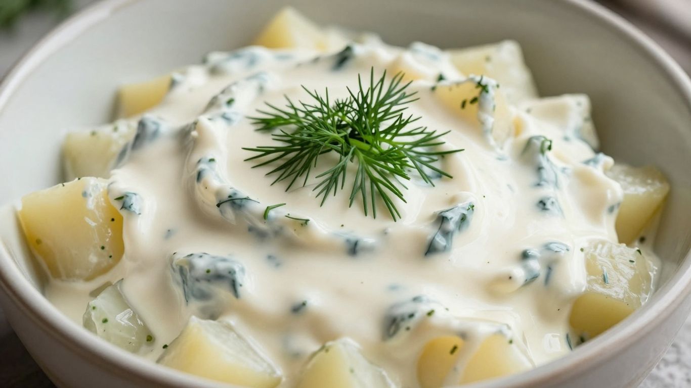 Bowl of creamy Dillkott with dill and potatoes.