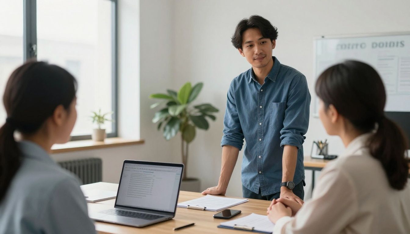 Fotografía realista de un psiquiatra diverso haciendo un estiramiento suave de pie junto a un escritorio entre llamadas de pacientes, con una computadora portátil y un teléfono visibles pero sin información del paciente, en una oficina moderna y luminosa